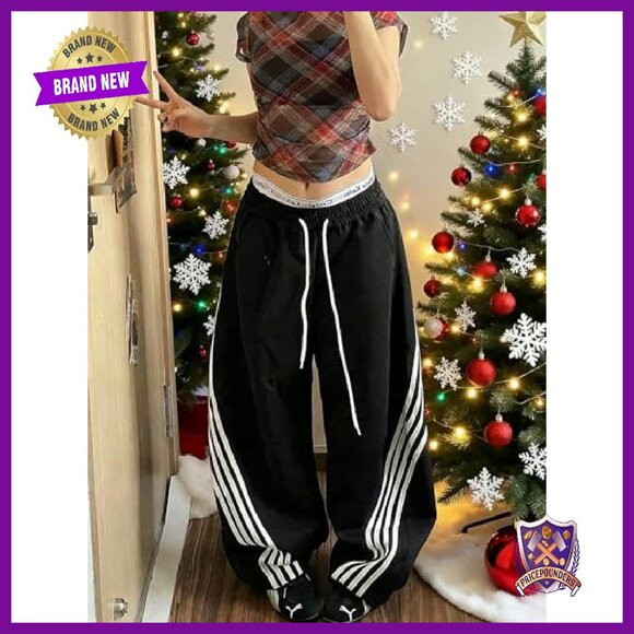Women's Y2K Baggy Sweatpants High Waisted Wide Leg Joggers Drawstring - Picture 6 of 7
